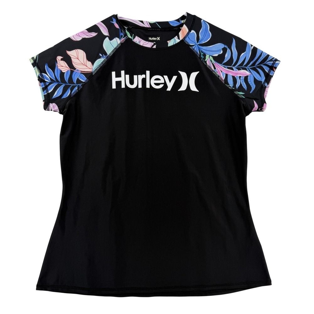 Hurley Rash Guard Shirt Womens Large Black Floral Short Sleeve UPF 50+ Surf